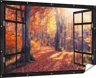 Gards Tuinposter Doorkijk Oranje Herfstbos met Zonneschijn - 180x120 cm - Tuindoek - Tuindecoratie - Wanddecoratie buiten - Tuinschilderij