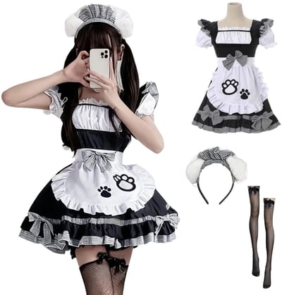 Dailygoods- Maid Outfit Zwart-Wit - Kattenmeid Kostuum - Cosplay Jurk - Dienstmeisjes Kostuum - Meid Jurk met Hoofdband - 5 Maten Beschikbaar