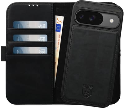 Rosso Elite Hoesje Geschikt voor Google Pixel 9 / 9 Pro | Compatibel met MagSafe | Book Case en Back Cover | Magnetisch Uitneembaar | Echt Leer Beschermhoes met Pasjeshouder | Zwart