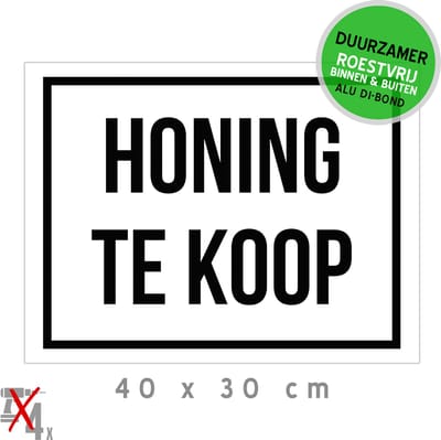 Bord/ aanbieding Dibond | "Honing te koop" | 40 x 30 cm | Nectar | Verkoop paneel | Koop lokaal | Bijen | Landbouw | Roestvrij | 1 stuk