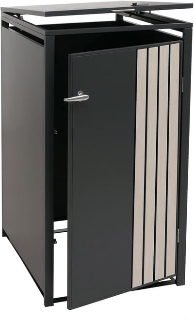 1-persoons afvalbakbekleding MCW-O67, afvalbakbox met deksel, metaal 122x68x84cm 35kg ~ antraciet houtlook licht