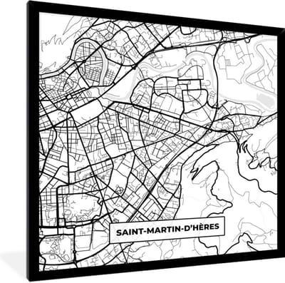 Fotolijst incl. Poster Zwart Wit- Stadskaart - Frankrijk - Kaart - Plattegrond - Saint-Martin-d'Hères - Zwart wit - 40x40 cm - Posterlijst