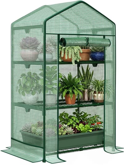 Outsunny Mini-kas met planken en roldeur - Tuinkas - Plantenkas - Balkonkas - Kweekkas met metalen frame - Groen