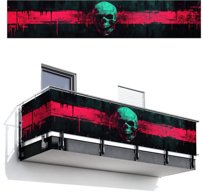 Balkonscherm 500x100 cm - Balkonposter Schedel - Cyberpunk - Neon Rood - Balkon scherm decoratie - Balkonschermen - Balkondoek zonnescherm