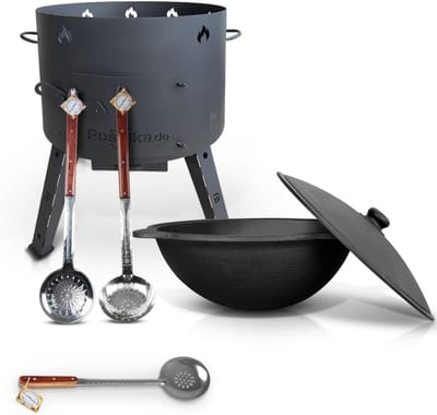 Buitenoven met pan - Vuurkorf Kazan - Buiten koken - Dikke wand - 49 cm diameter - Set 4