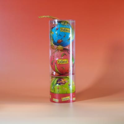 Set Kerstballen Plastic Tulpen Kleur, Holland: Blauw, Roze en Groen (3 stuks) - Hollandse Tulpenveld met Molen - Plastic