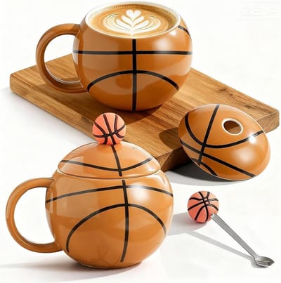 Ceramische Koffiemok met Deksel en Lepel 400 ml, Ideaal voor Sportliefhebbers, Cadeau voor Verjaardag en Kerst, Voetbal en Basketbal Thema