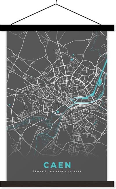 Posterhanger incl. Poster 40x60 cm - Schoolplaat - Caen - Frankrijk - Kaart - Stadskaart - Plattegrond - Textielposter - Zwarte latten - Stadskaart