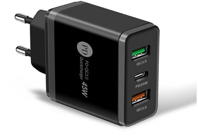 45W USB Oplader met USB-C PD25W + 2X QC3.0 Snellaadpoorten Adapter Lader - Snellader - geschikt voor telefoons, tablets etc. - zwart