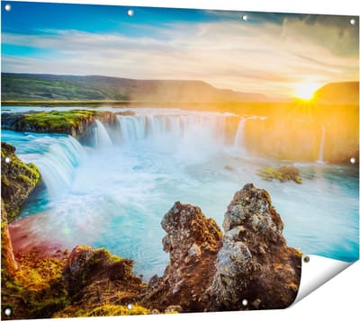 Gards Tuinposter Watervallen bij Zonsondergang - 120x90 cm - Tuindoek - Tuindecoratie - Wanddecoratie buiten - Tuinschilderij
