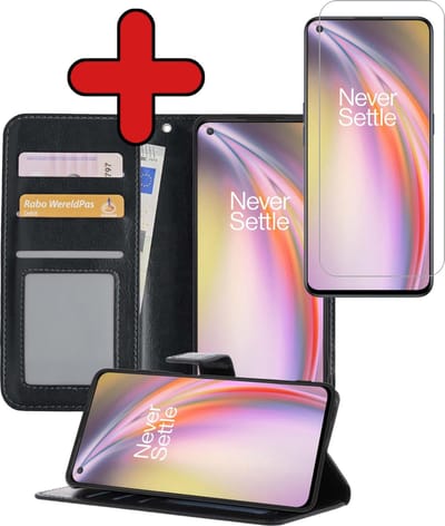Hoesje - Met Screenprotector - Geschikt voor OnePlus Nord CE - Luxe Pasjeshouder - Flipcase - Bookcase Portemonee - Flip Case - Kunstleer Book Case - Book Cover - Walletcase - Portemonneehoes - Telefoonhoes - Zwart