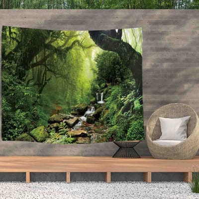Ulticool Wandkleed 200x150 cm – Natuur Bos Waterval Jungle – Met Bevestigingspinnen - voor Binnen / Buiten - Tuinposter Wandtapijt Buitenkleed Decoratie Schilderijen Posters Boom Eco Planten - Gadgets Vrouw Mannen Jongen - Groen