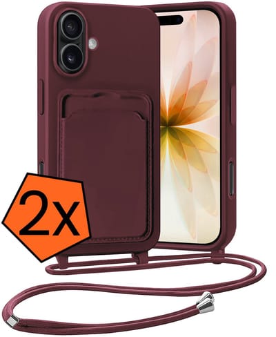 Hoesje Geschikt voor iPhone 17 Hoesje Met Telefoonketting Pasjeshouder Case Koord - Hoesje Geschikt voor iPhone 17 Hoes Met Kaarthouder - Aubergine - 2 PACK