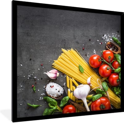 Fotolijst incl. Poster - Pasta - Kruiden - Tomaat - Specerijen - Rustiek - 40x40 cm - Posterlijst