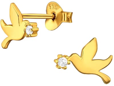 Joy|S - Zilveren vogel oorbellen - 6 x 10 mm - zirkonia - oorknoppen duif - gold plated