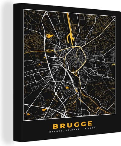 Canvas Schilderij Goud - Brugge - Stadskaart - Kaart - Plattegrond - 20x20 cm - Wanddecoratie