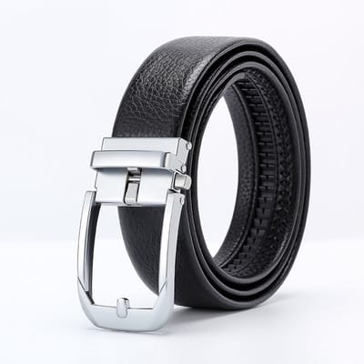 VEXON - Heren Riem - Inkortbaar - Verstelbaar - Leren riem - Automatische Gesp Zilver - Riem Zwart - 120 cm