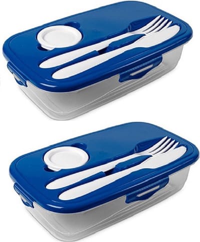Lunchbox wit met bestek 1 liter plastic - 2x - Salade to go - Paris - Luchtdicht/hermetisch afgesloten vershouddoos bakje - Mealprep - Maaltijden bewaren