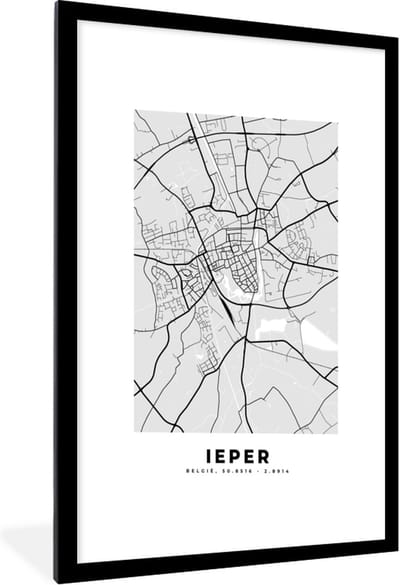 Fotolijst incl. Poster Zwart Wit- Plattegrond – Ieper – Zwart Wit – Stadskaart - Kaart - 60x90 cm - Posterlijst