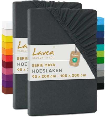 Lavea® Set van 2 Hoeslakens 90x200cm - 100x200cm – 100% Zacht en Ademend Katoen – voor Dikke Matrassen tot 20 cm – Jersey met Elastiek rondom – Antraciet
