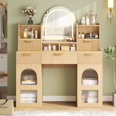 Sweiko Kaptafel - LED-verlichting - 3 lades - met spiegel - Houtlook - 120 x 40 x 139.5 cm - Naturel