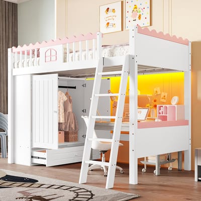 BLACKCOLORS Stapelbed, eenpersoonsbed (zonder matras), kinderbed, met ledlampjes, met kast, met opberglade, EN747-gecertificeerd, grenenhout, 90 x 200 cm, wit