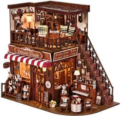 OwlyVision Book Nook Miniatuurhuis Dessert House - Houten Bouwpakket met LED-verlichting - Boekensteun voor Boekenkast - 30 x 20 x 5 cm - Vanaf 14 Jaar
