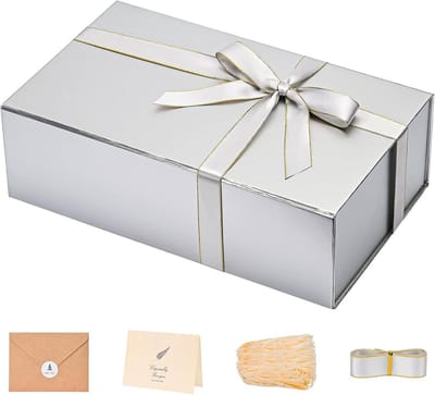 Luxe Zilveren Geschenkdoos met Deksel en Lint - Rechthoekig en Opvouwbaar voor Cadeaus
