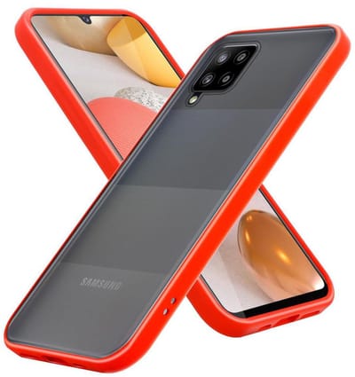 Cadorabo Hoesje geschikt voor Samsung Galaxy A42 5G / M42 5G in Mat Rood - Zwarte Knopen - Hybride beschermhoes met TPU siliconen Case Cover binnenkant en matte plastic achterkant