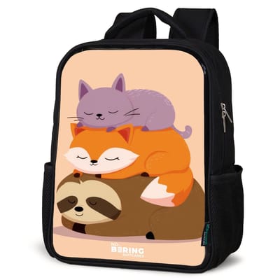NoBoringSuitcases.com® - Rugzak zwart - Schooltas jongen & meisje - Op elkaar liggende luiaard, vos en kat - Rugtas voor school - Boekentas kind - Schoolrugzak - Kinderrugzak