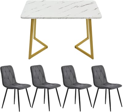 Eetkamertafel Set Eetkamer Meubilair 117x68x75 Cm Donkergrijs Goud Linnen Metaal Voor Eetkamer Keuken Met 4 Stoelen Rechthoekige Tafel Moderne Stijl
