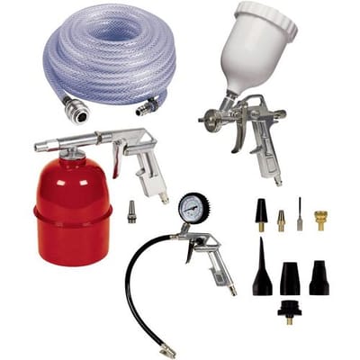 Einhell Perslucht Accessoireset - 13-delig - Incl. blaaspistool, bandenspanningsmeter, hogedrukslang, sproeipistool, verfspuitpistool met bovenbeker, 8-delige adapterset
