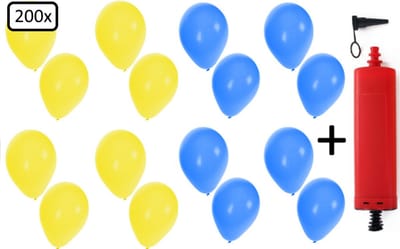200x Ballonnen geel en blauw + ballonpomp - Ballon carnaval festival feest party verjaardag landen helium lucht thema