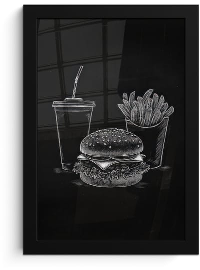 Poster in lijst - Fotolijst 20x30 cm - Posters - Hamburger - Friet - Frisdrank - Krijttekening - Posterlijst zwart - Decoratie - Wanddecoratie woonkamer - Muurdecoratie slaapkamer