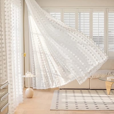 Kant en Klaar Gordijnen - Luxe Tule Gordijnen - Paneel Wit Gordijnen met Pompom Rand - Plissegordijnen Zonder Boren - Curtains voor Woonkamer, Slaapkamer & Bruiloft - B 132 x H 213cm