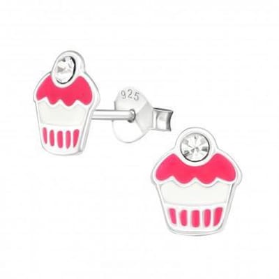 Zilveren kinderoorbellen - Cupcake met kristal - Oorstekers