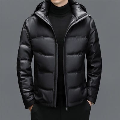 Echt Leer Donsjack Heren Leren Jas Middelbare Leeftijd Heren Losse Casual Leren Jas Capuchon Dik Donsjack Jas M black
