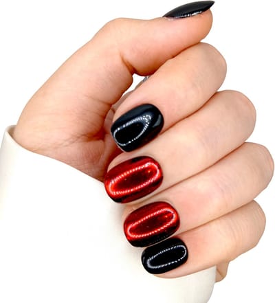 SD Press on Nails - B-26 - Plaknagels met nagellijm - Kort Naturel Kunstnagels - Zwart/Rood chroom - Set 20 Nagels - Nails at home - Nagellak - Gellak - Kunstnagels - Handmade - Handgemaakt