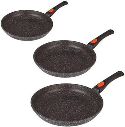 Set van 3 pannen met 20/24/28 cm - Afneembare handgreep - Gegoten aluminium - Steenlook coating - Voor alle soorten fornuizen, inclusief inductie - aluminium, grijs, 28 cm, 3