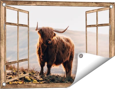Gards Tuinposter Doorkijk Schotse Hooglander in de Heuvels van Schotland - 60x40 cm - Tuindoek - Tuindecoratie - Wanddecoratie buiten - Tuinschilderij