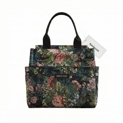 Rainbecom - Koeltassen Lunchtas 8,5L Geïsoleerd - Lunch tas Dames & Heren - 26,5x13x25cm Lunchbag voor Werk & School - Koelta Waterafstotend Polyester - Grote Opening met Rits - Zwart Vintage Rozen