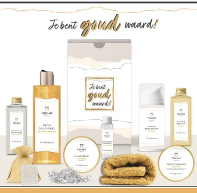 Geschenkset “Je bent goud waard!” - 9 producten - 850 gram | Triomf Original - Giftset voor haar Luxe Wellness Cadeau Vrouw Cadeaupakket Bedankt Pakket Verjaardag Moeder Moederdag Kerstpakket Kerst Vriendin Collega Medewerker Zorg Gift Set Goud