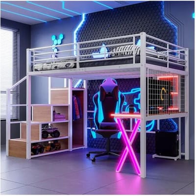 Merax Hoogslaper 140 x 200 cm met bureau, kledingkast, planken - Sfeerverlichting - Metaal - Wit (zonder matras)