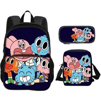 De Geweldige Wereld van Gumball Ronde Voorzak Rugzak Etui Schoudertas 3 Delige Set Cartoon Anime Bedrukt Student Jongens en Meisjes