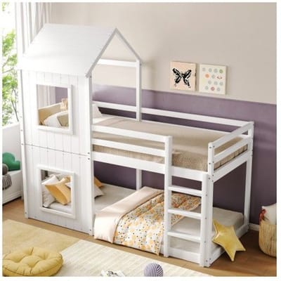 Stapelbed - MUVOE - 90x200 cm - Massief hout - Wit - Met ladder en hemel wit