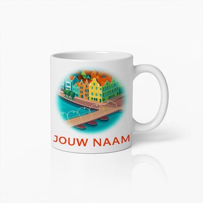 Gepersonaliseerde Mok met Kleurrijke Nederlandse Stadsillustratie – Koffiebeker met Eigen Naam – Uniek Cadeau voor Reizigers & Nederland Fans