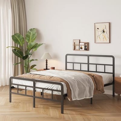 Metalen Bedframe met Gebogen Hoofdeinde 180x200cm - Dubbel Platform Bed, Stabiele Ondersteuning, Stil, Eenvoudige Montage, Zwart