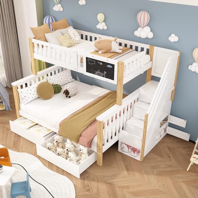Kinderstapelbed - Multifunctioneel opklapbed - 90 x 200 cm + 140 x 200 cm hoogslaper met ladder - Tweepersoonsbed met lades - Matras niet inbegrepen - Wit