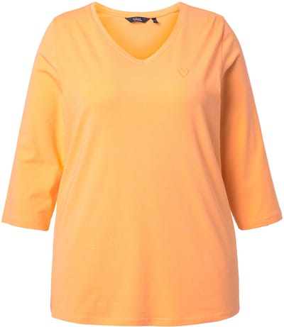 Ulla Popken - Dames - Shirt hartborduursel classic V-hals 3/4-mouwen - Perzik - Maat 42+