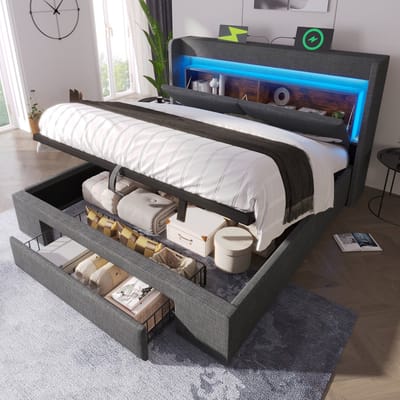 Gestoffeerd bed 140x200 cm met hydraulische opbergruimte en hoofdbord met opbergvak, ledverlichting en USB- en USB-C-poorten, lattenbodem van hout, grijs, linnen, exclusief matras
